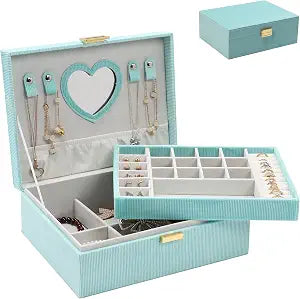 Dajasan Jewelry Box for Teen Girls Women, 2 Layers Jewelry Organizer with Mirror, Removable Jewelry Tray, Jewelry Storage Case, Gift Idea for Teenagers, Striped Velvet (Green)
