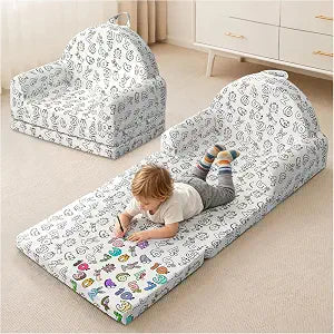 KKS Soft Fold Out Foam Kids Couch, 2-in-1 Comfy Toddler Chair with Coloring