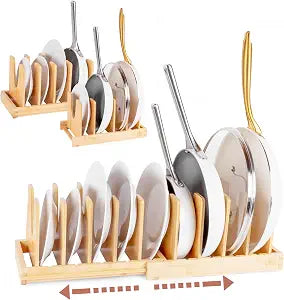 Pot and Pan Organizer for Under Cabinet Bamboo Pot Lid Organizer for Cabinet with Magnetic Lock, Expandable 2-in-1, Adjustable Dividers, Non-Slip Base for Cutting Boards, Cookie Sheets, Bakeware