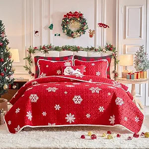 Christmas Quilt Set 3 Pieces Queen Size, White Snowflake on Red Xmas Holiday Design Reversible Bedspread Coverlet Set, Soft Microfiber Lightweight Bed Cover for All Season (1 Quilt+ 2 Pillow Shams)