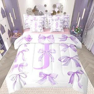 Feelyou Kawaii Purple Bow Comforter Set Full Size Cute 7 Pieces Initial J