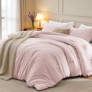 Love's cabin Full Size Comforter Set Pink, 3-Piece Linen Blend Bedding Set