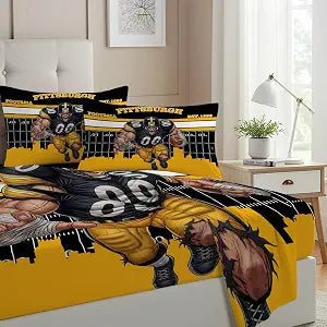 Allenjoy Pittsburgh American Football Black Toughness Sheets Set with Fitted Sheet, Flat Sheet and 1 Pillowcase for Men Fans Teens Brother Son Bedding Bedroom Decor, Twin Size