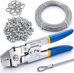 Twidec/Wire Rope Crimping Tool Up To 2.2mm Swaging Tool With 160PCS 1/16''Aluminum Crimping Loop Sleeve And 66FT 1/16'' 304 stainless steel Wire Rope 12PCS Wire Rope Thimbles Kit