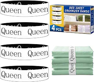 Queen Size Sheet Organizer Bands, 4 pcs Elastic Label Straps for Linen Storage, Closet Organization for Queen Size Bedding Sets