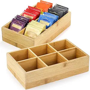 Dicunoy 2 Pack Bamboo Tea Bag Organizers, Wood Tea Bag Storage for Drawers with 6 Roomy Compartments, Sturdy Tea Chest Boxes for Shelf, Coffee Station, Sugar Packet, Sweeteners, Small Packets