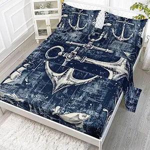 Boat Hook Ocean Printed Queen Sheets Set 4 Pcs Bed Sheet for Teens,Boys,Girls,with 1 Flat and 1 Fitted Sheet + 2 Pillowcases(Boat Hook Ocean Queen)