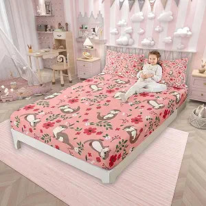 Lovely Otter Fitted Sheet Set Twin Size 2 Pcs Cartoon Pink Strawberry Flowers Decor Bedding Set for Kids Boys Girls Cute Wild Animals Rustic Style Bed Cover with 1 Pillowcase