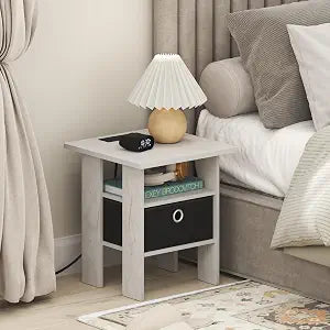 Furinno Andrey Charging Station Nightstand with Storage Bin, Marble White