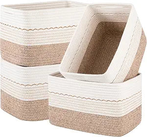 OIASKET 4 Pack Storage Baskets for Organizing, 13"X9"X7.87", Decorative Cotton Rope Baskets for Shelves, Small Woven Basket for Toys, Books and Towels, Brown & White