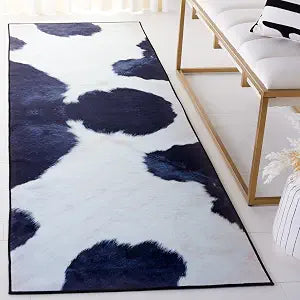 SAFAVIEH Washable Rug Faux Hide Collection - 2'6" x 6' Runner, Ivory & Dark Blue, Slip Resistant, Cow Print Pattern, Ideal for Living Room, Hallway, Kitchen, Foyer, Bedroom (FAH548A)