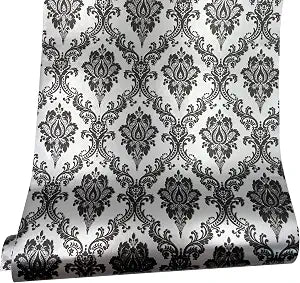 Yifely Retro Black Damask Furniture Paper Self-Adhesive Shelf Liner Light Grey Table Dresser Decor Sticker 17.7 Inch by 9.8 Feet