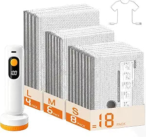 18 Pack Travel Vacuum Bags with Rechargeable Electric Pump, Space Saving Vacuum Storage Bags for Clothes & Luggage, Reusable Compression Bags for Travel and Home Storage, Double Zipper