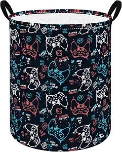 Game Controller Laundry Hamper for Boys, Round Foldable Cotton Linen Storage Basket with Leather Handles, Gaming Room Decor Organizer for Dorm, Bedroom, Toys and Clothes
