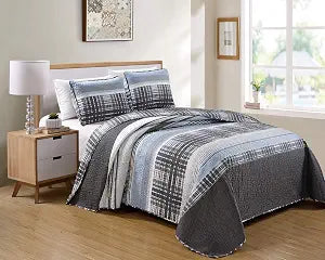 Kids Zone Home Linen Bedspread Set Charcoal White Light Grey Stripe Plaid Pattern Unisex New (Full/Queen)