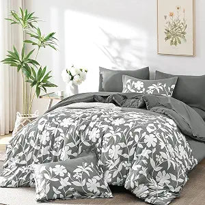 Dintszyayue Grey Comforter Set Queen Size, 7 Pieces Floral Bed in a Bag for Queen Size Bed, Soft Microfiber Flower Leaves Bedding Set for All Season