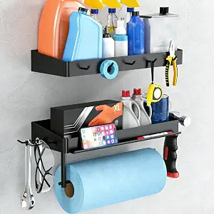 YIGII Heavy Duty Garage Paper Towel Holder with 2 Storage Shelves, Wall Mount Paper Towel Rack with Phone Holder & Hooks, Shop and Tool Room Organizer for Storage