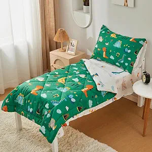 beeweed 4 Pieces Dinosaur Toddler Bedding Set Boys Girls, 2 Sides Design Bed in a Bag Comforter Set, Includes 1 Comforter, 1 Fitted Sheet, 1 Flat Sheet and 1 Reversible Pillowcase