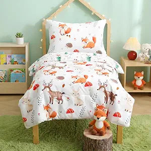 Woodland Animals Toddler Bedding Set for Boys, 4 Piece Reversible Lightweight Forest Mushroom Toddler Girls Comforter Set with Bed Sheet