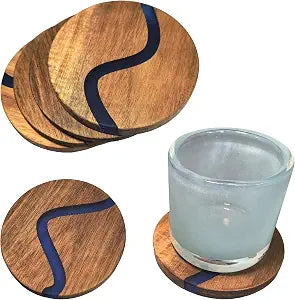 Set of 6 Round Acacia Wood & Blue Resin Coasters, River Pattern