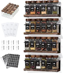 4-Tier Wall Mount Spice Rack Organizer with 24 Glass Jars, 216 Labels & Funnel - Screw/Adhesive Mount, Black Metal & Wood Spice Storage for Kitchen Pantry Cabinet, 11.6L x 2.4W x 3.2H