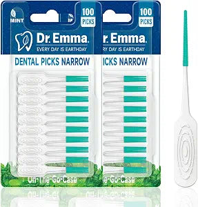 Dr. Emma Dental Picks Narrow Space Mint Soft Rubberized Tooth Picks Tight Floss Pick Easy to Use Brush Picks for Teeth Cleaning and Gum Health 100Ct/Pack, 2 Pack(200Ct)