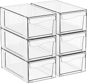Yieach 6 Pack Clear Stackable Storage Drawers,4.5" Tall Acrylic Makeup Organizer Drawers and Medicine Cabinet Organizers,Pull Out Plastic Bathroom Closet Organizer for Hair Clip,Baby Bottle,Pacifier
