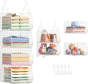 4" Extra Deeper Foldable Hanging Closet Organizer, Small Wire Cabinet Shelves and Storage with 5 S Hooks,4 Tier Metal Basket Bins for Clothes Sweaters Handbags, Wardrobe for Kitchen Laundry RoomWhite