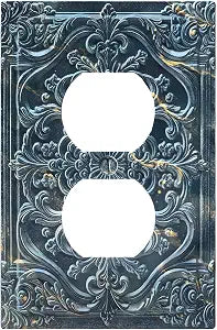 Outlet Covers Decorative Blue and Gold Marble 3D Floral Embossed 1 Gang Duplex Light Switch Covers Electrical Receptacle Wall Plate Switch Plate Covers Plug Faceplate for Bedroom Home Decor