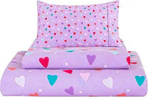 Viviland 3 Pieces Girls Purple Twin Sheet Set - Soft Microfiber Fitted Flat Sheets & Pillowcase - Colorful Hearts Printed Bedding Sets - for Kids & Toddlers