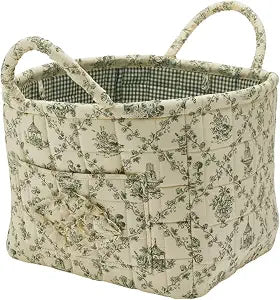 Quilted Fabric Storage Basket with Handles & Pocket, Foldable Laundry Hamper Boho Floral Print Organizer Bin for Home, Picnic, Office 12"x10"x10" (B-2)