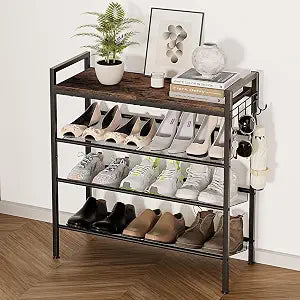 4 Tier Shoe Rack, Shoe Rack for Entryway with Hook, Shoe Organizer with Adjustable Mesh Shelves, Metal Shoe Storage, Closet, Bedroom Living Room Garage