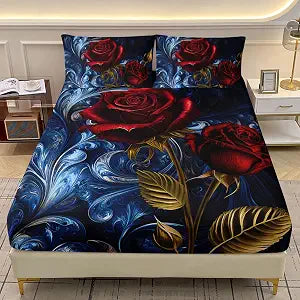 AILONEN Red and Blue Rose Bedding Set Queen Size,Romantic Rose Flower Art Boho Sheet Set- 3-Piece Bedroom Soft Fitted Sheet with 2 Pillowcases