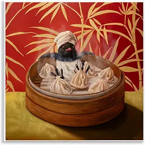 Playful Bamboo Steamer Bird, 12 x 12 Inch Mounted Print on Wall Plaque