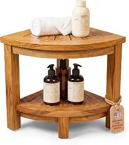 HOMESTEAD Teak Shower Stool with 2 Tier Storage Shelf, Compact Corner Shower Bench for Inside Shower, Bathroom Seat with Soap Holder, Shower Foot Rest and Shower Stool for Shaving Legs