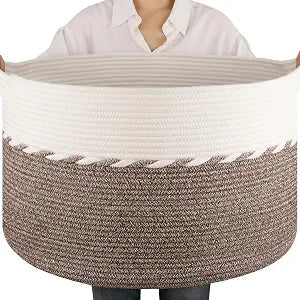 OIAHOMY 90L Extra Large Blanket Basket - Decorative Cotton Rope Storage Basket for Bedroom, Living Room & Nursery - Woven Laundry Hamper for Organizing Blankets, Clothes & Toys - Brown & White