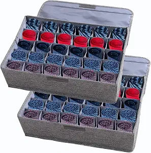 AARAINBOW 2 Packs Underwear Socks Ties Storage Organizer with Lids Foldable Closet Drawer Organizer 60 Cells, Fabric Wardrobe Divider Storage Boxes for Scarves and Lingerie (30 Cell, 2 Gray)