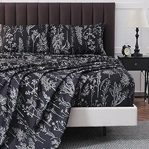 HYPREST Black Floral Sheets Queen Size, Patterned Dark Gothic Bedding - 4pc