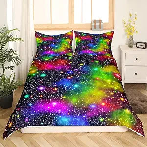 Feelyou Colorful Galaxy Bedding Set Outer Space Universe Duvet Cover Set Rainbow Star Nebula Comforter Cover for Girls Adults (Queen)