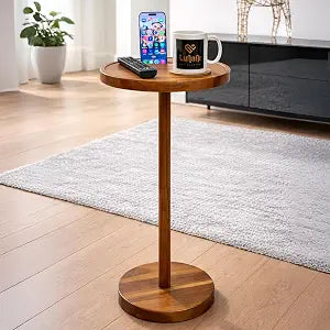 Drink Table for Small Spaces, 24 Tall Pedestal Side Table with Stable Base, Phone Holder & 2 Coasters, Natural Wood Accent End Table for Sofa, Bedside, Balcony or Living Room