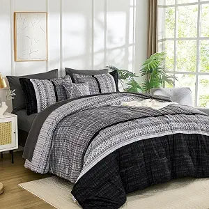 Dintszyayue Black Comforter Set Queen Size, 8 Pieces Boho Striped Bed in a Bag Soft Microfiber Bedding Set for All Season