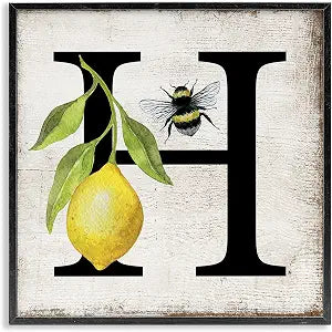 Lemon Bee H Letter Rustic Farmhouse, 12 x 12 Inch Framed Gicle Print