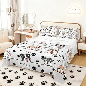 Manfei Cartoon Puppy Bed Sheet Set Twin Size,Cute Dog Pet Animals Sheet Set Kids Teens,Paw Print White Bedding Decor Set with 1 Flat & 1 Fitted Sheet with 1 Pillow Sham
