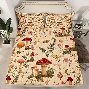 Erosebridal Wild Mushroom Butterfly Flower Bed Sheets, Boho Mushroom Moth Fitted Sheet Twin for Kids Girls Boys Teens Adults, Spring Blossom Bedding Set, Natural Wild Fungus Sheets 2 Piece
