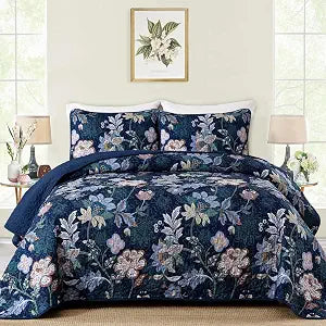 WONGS BEDDING Floral Quilt Set King, 3 Pcs Navy Blue Botanical Bedspread