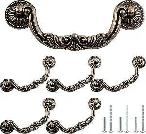 6 Pack Drop Drawer Handle, 3-3/4 Inch Center Antique Bronze