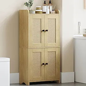 HEXCELEN Small Bathroom Storage Cabinet with 4 Doors,Streamlined American