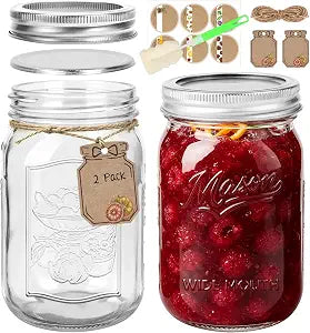 32oz Glass Mason Jars Wide Mouth 2-Pack with Airtight Lids & Markings