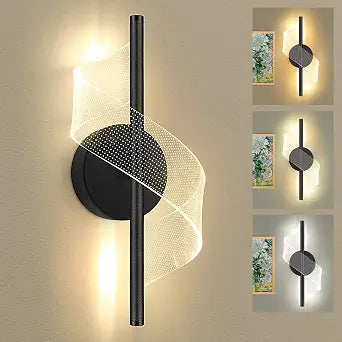 Modern LED Wall Sconce - 12" Height Spiral Wall Lamp with Acrylic Shade - 3000K 4000K 6000K Indoor Hardwired Wall Fixture for Bedroom Living Room Hallway Corridor (Black 1pack)