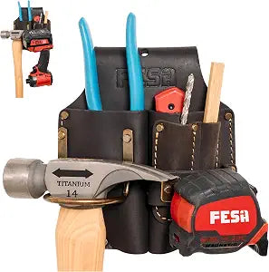 FESA Durable Leather Pliers Holster - Leather Double Plier Holder for Belt with Steel Hammer Holder, Tape Clip & 2 Carpenter's Pencil Pockets - Clip On Any Belt - Handcrafted